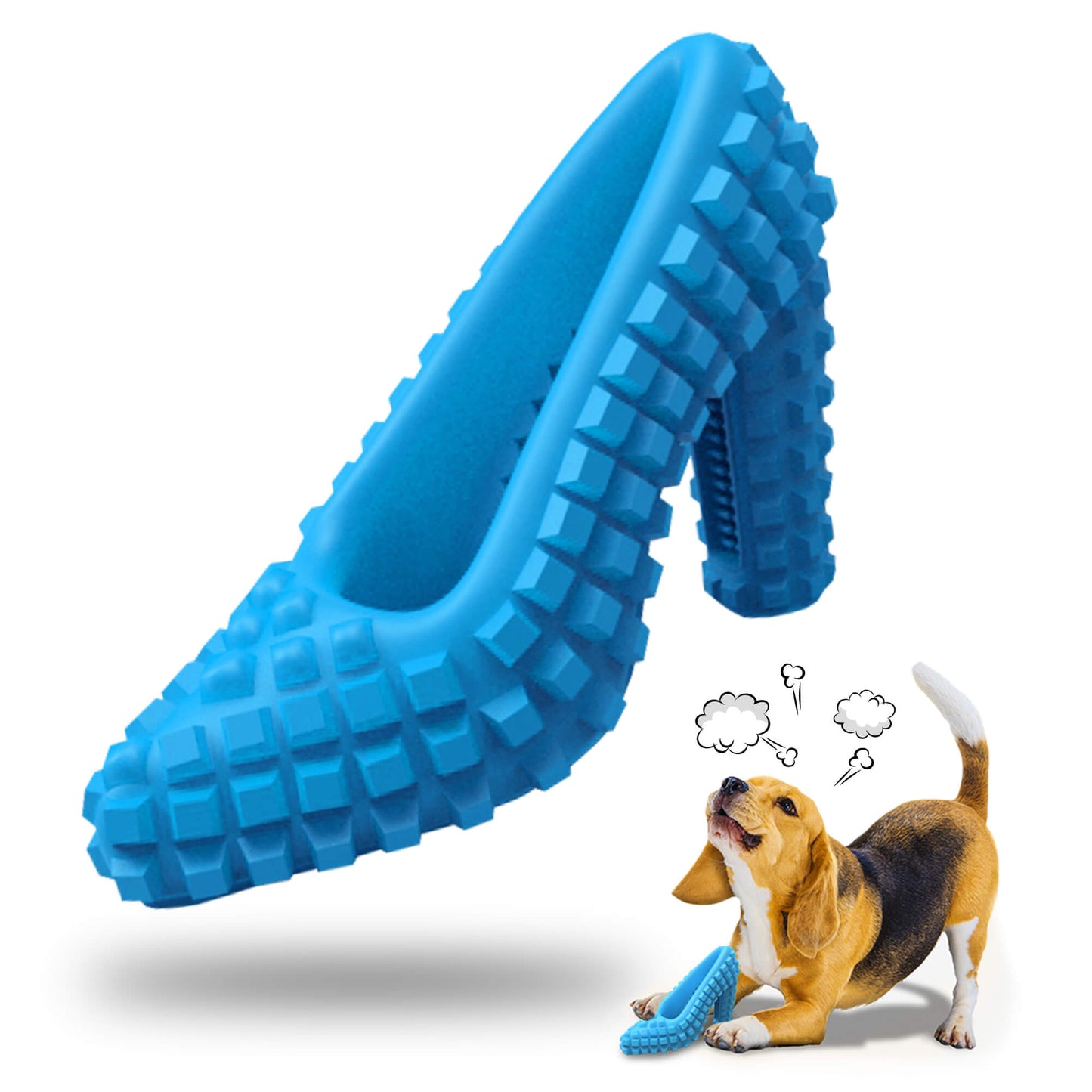 Blue shoe‑shaped rubber dog toy with textured surface, designed as a treat dispenser to engage and clean teeth during chewing, suitable for small to medium aggressive chewers.