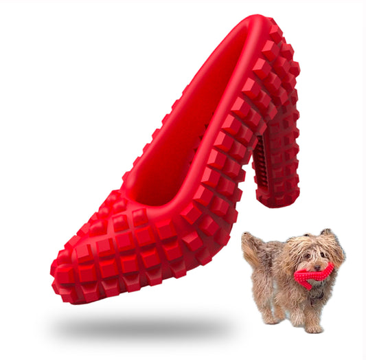 Durable shoe-shaped dog toy for aggressive chewers, designed for small and medium dogs to promote dental health and prevent destructive chewing.