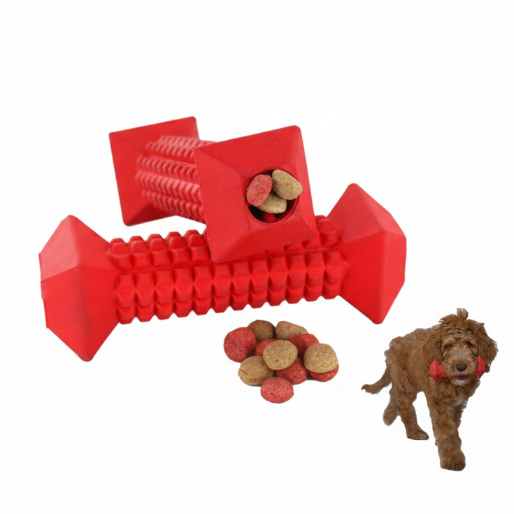 Small and medium dog chew bone toy with treat dispenser – durable rubber design for aggressive chewers, promotes dental health and interactive play.